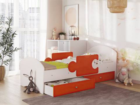Кровать Мозаика с бортиками и ящиком белый с оранжевым