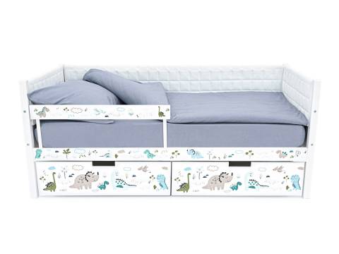 Кровать-тахта Svogen мягкая с ящиками и бортиком с фото белый/динозаврики