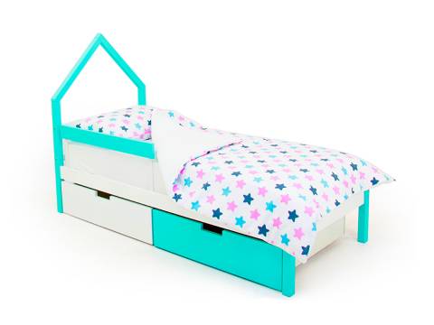 Кровать-домик мини Svogen с ящиками и бортиком мятно-белый