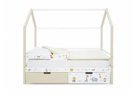 Кровать-домик Svogen с фото с ящиками и бортиком бежевый/зверята