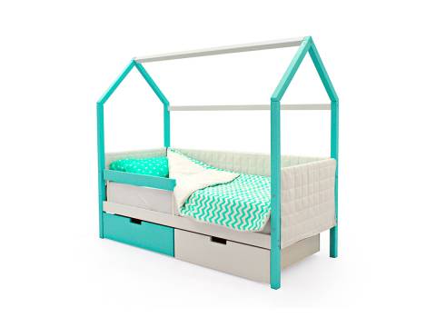 Кровать-домик мягкий Svogen с ящиками и бортиком мятно-белый