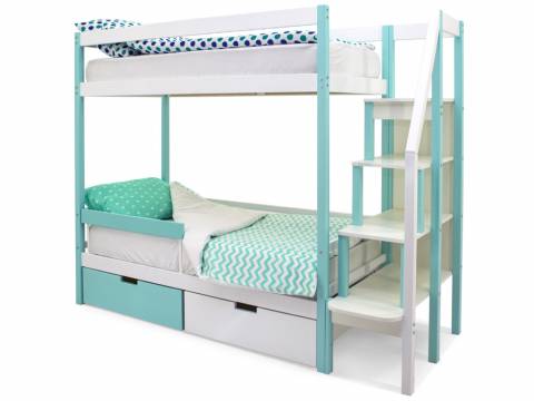 Двухъярусная кровать Svogen с ящиками и бортиком мятно-белый