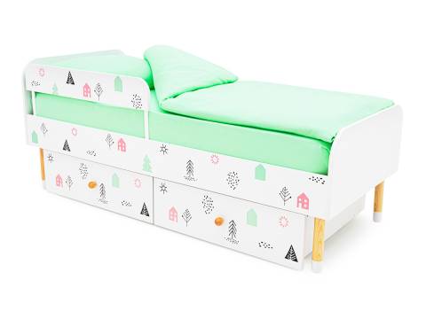 Кровать Stumpa Классика с бортиком и ящиками Домики розовый, бирюзовый