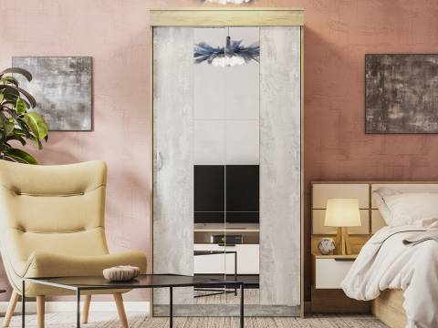 Шкаф-купе Бассо дуб крафт серый/бетон каменный 2 зеркальные вставки