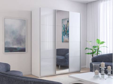 Шкаф-купе Прайм 3-х дверный 1800 два Стекла Белые/Зеркало Белый Снег