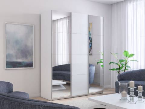 Шкаф-купе Прайм Широкий 3-х дверный два зеркала/стекло белое Белый Снег