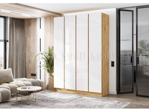 Шкаф четырехстворчатый Келвин (1600) Белый Глянец, Дуб Крафт-вставка дуб крафт