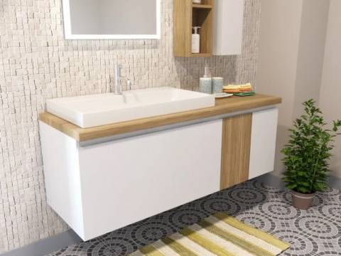 Тумба с раковиной подвесной Malibu 1400 левосторонний 2 ящика со вставкой массив